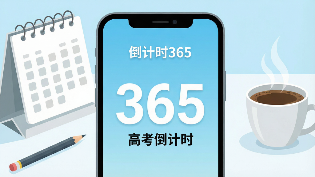 画面主体为一部智能手机屏幕特写,屏幕中央显示“倒计时365”应用界面,界面背景为清爽的浅蓝色渐变,中央有一个巨大的白色数字“365”,数字下方有“高考倒计时”黑色中文小字,手机左侧摆放一个白色桌面日历和一支铅笔,右侧有一杯冒着热气的咖啡,整体布局简洁明亮,采用扁平化插画风格,细节清晰,画质干净,无多余元素。