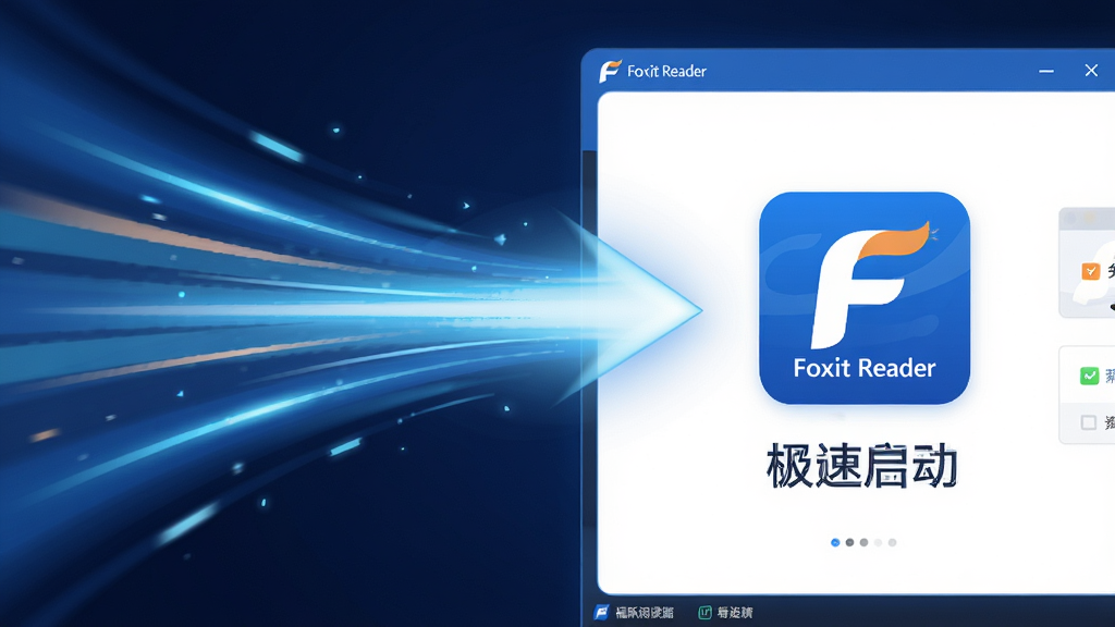图像主体为福昕阅读器(Foxit Reader)的启动加载过程,用动态模糊效果表现速度感。布局分为左右两部分,左边是极速启动的抽象光带,右边是清晰的软件欢迎界面。排版上,光带从左侧指向右侧的软件图标。风格为现代扁平插画风,主色调为福昕标志性的蓝色。细节上,需要在软件图标下方标注“极速启动”四个字,画质清晰干净,无多余元素。
