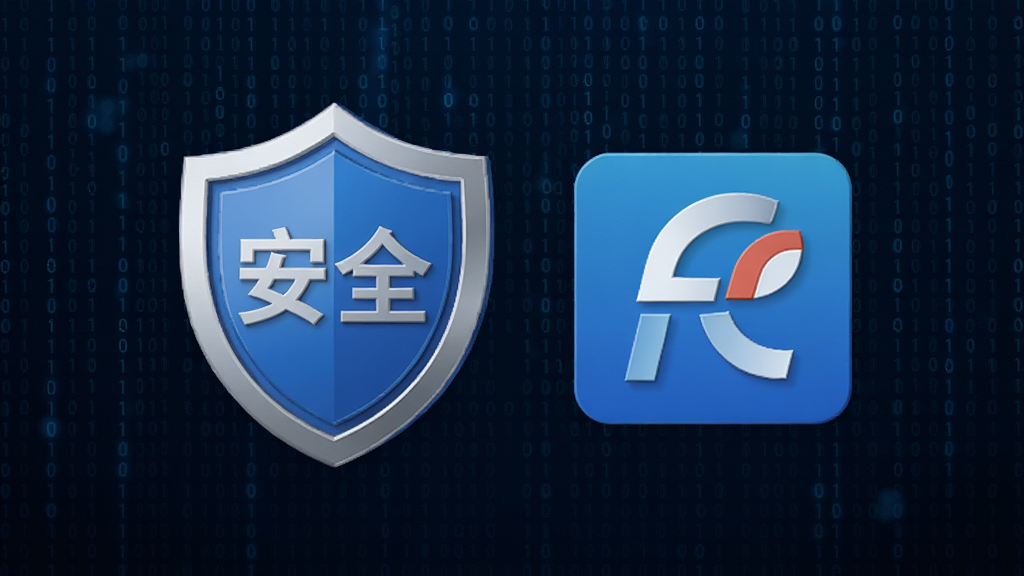 画面主体为盾牌图标与福昕阅读器(Foxit Reader)软件图标的结合体,背景为二进制数字流。布局为两个图标并排悬浮于画面中央,背景有微弱的数字矩阵。排版简洁,突出安全主题。风格为科技感3D渲染,蓝色与银色为主色调。细节上,盾牌上需有“安全”二字的浮雕效果,画质高清,干净无多余元素。