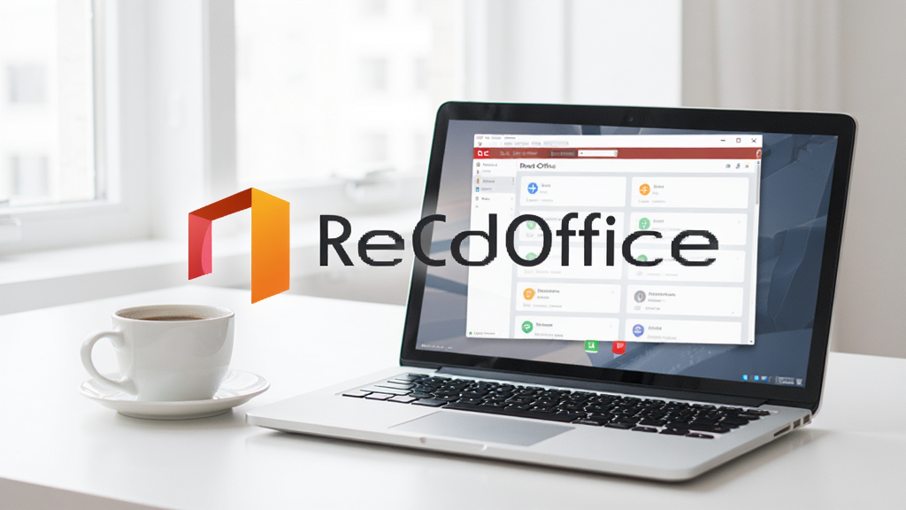 RedOffice 个人版启动画面,展示软件Logo和主界面,背景是简洁的办公桌面,有笔记本电脑和一杯咖啡,整体风格明亮简洁,突出快速启动的特点,画质干净,无多余元素。
