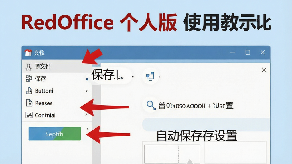 RedOffice 个人版使用教程示意图,画面展示软件操作界面,标注了文件菜单、保存按钮、自动保存设置等关键位置,用红色箭头指示,背景为浅蓝色,风格简洁清晰,画质干净,无多余元素。