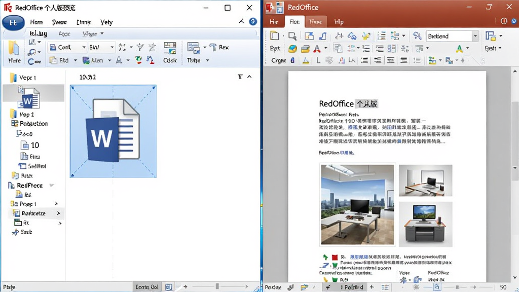 RedOffice 个人版预览图,画面左侧是Windows文件管理器窗口,选中一个Word文档图标,右侧是RedOffice软件打开该文档后的界面,文字和图片排版正常,对比无差异,风格写实,布局清晰,画质干净。