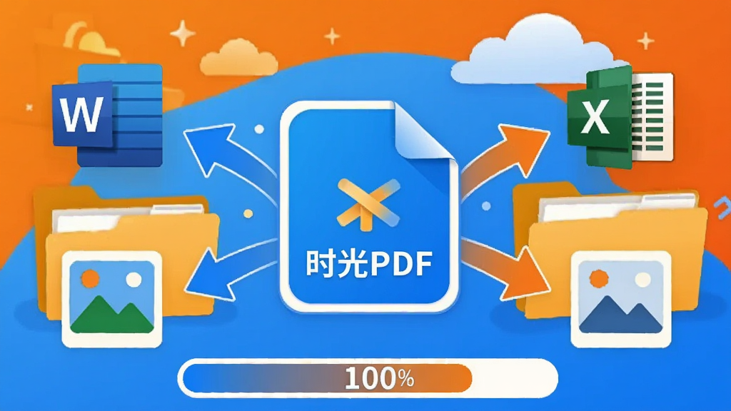 插画风格示意图,画面中央一个“时光PDF”图标放射出转换箭头,分别指向Word、Excel、PPT、图片图标,背景有文件夹与云朵,下方有进度条显示100%,整体配色明亮活泼,以橙色和蓝色为主,干净简洁,无文字堆砌,高分辨率