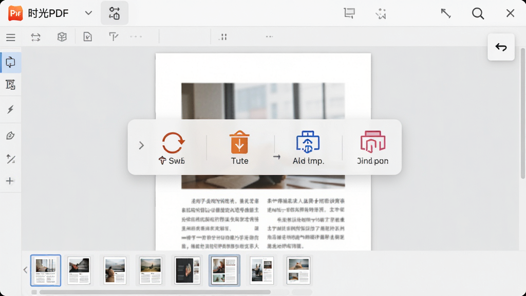 高清截图风格,展示“时光PDF”的页面编辑界面,中央显示一页PDF文档,周围有工具悬浮框,包含旋转、删除、添加水印图标,页面右上角有撤销箭头,底部有页面缩略图条,界面以浅灰色调为主,简洁明亮,细节丰富,干净无杂乱元素