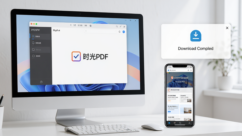 电脑桌面展示“时光PDF”软件打开状态,屏幕显示软件主界面,旁边有手机屏幕显示手机版网页,背景有下载完成提示弹窗,整体画面清晰,现代简约办公风格,光线柔和,色彩和谐,干净无杂乱元素,高分辨率