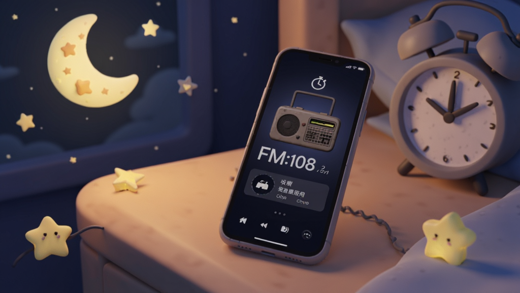 主体:手机在床头柜上显示收音机夜间模式界面,屏幕为深色背景;布局:手机放在床头,周围有月亮和星星的装饰;排版:屏幕显示FM频率和当前播放节目名称;风格:温馨夜间场景插画,深蓝色调;细节:手机屏幕有定时关闭图标,床头有闹钟;画质:柔和光影,干净,无多余元素