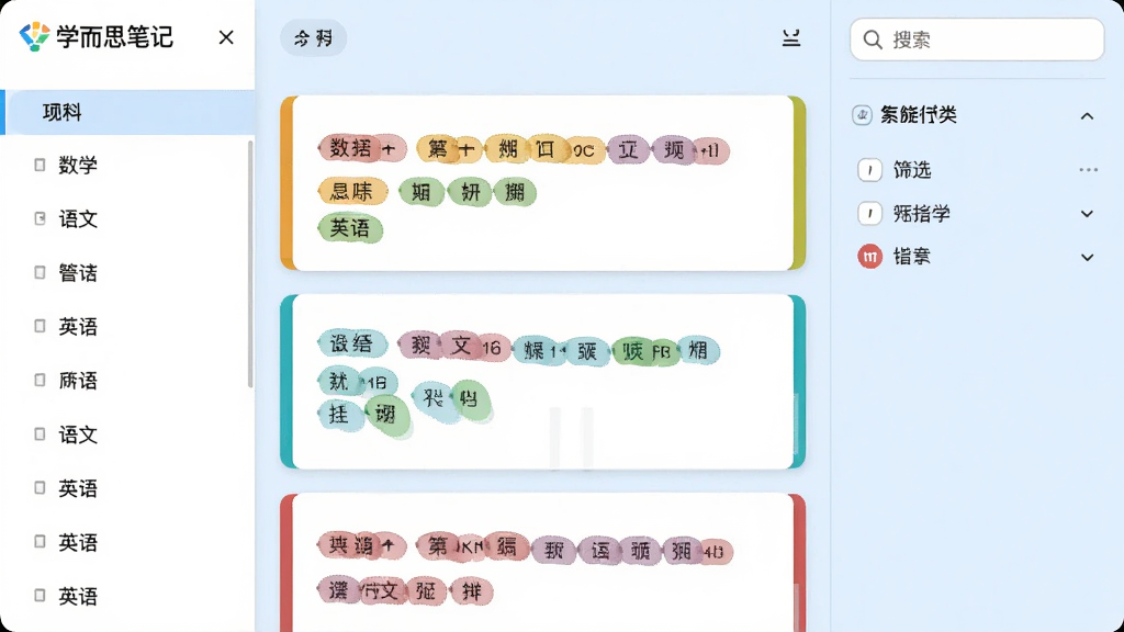 学而思笔记的智能分类功能截图,展示左侧学科列表如数学、语文、英语,中间是彩色标签笔记卡片,右侧是搜索框和筛选条件,背景为淡蓝色,笔记卡片有不同颜色的边条区分学科,界面清晰直观,高画质,无多余元素,真实软件界面风格