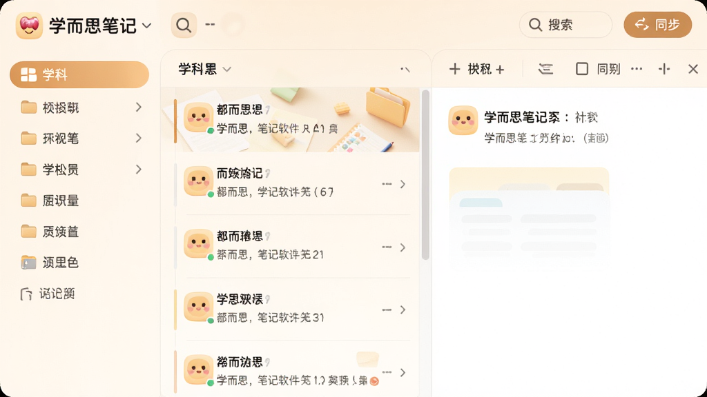 学而思笔记软件主界面预览图,展示清晰的笔记列表和分类文件夹,左侧是学科导航栏,右侧是笔记编辑区域,上方有搜索和同步按钮,整体布局简洁明快,使用温暖明亮的色调,图标风格圆润可爱,背景为浅色渐变,画面干净无多余元素,高画质,真实产品截图风格