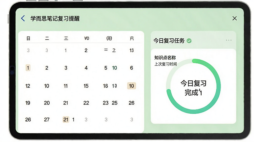 学而思笔记复习提醒界面,展示日历视图和今日复习任务卡片,卡片上有知识点名称和上次复习时间,背景为浅绿色,有进度环显示复习完成度,界面友好,高画质,无多余元素