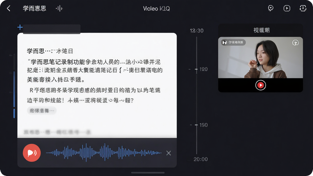 学而思笔记录制功能界面,展示笔记页面下方有录音按钮和波形图,旁边有视频录制窗口,笔记文字与时间轴对应,背景为深色主题,突出媒体控制条,风格现代,高画质,无多余元素