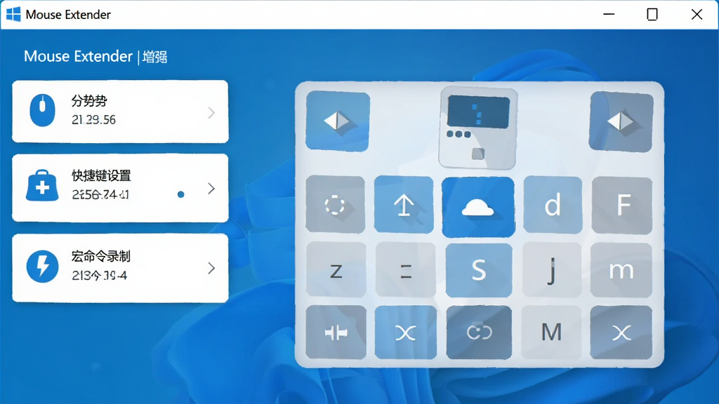 Mouse Extender 主界面展示,一款 Windows 鼠标增强软件,界面简洁清晰,左侧功能列表包含鼠标手势、快捷键设置、宏命令录制,右侧为可视化按键映射图,整体风格现代扁平,蓝白配色,画质干净,无多余元素