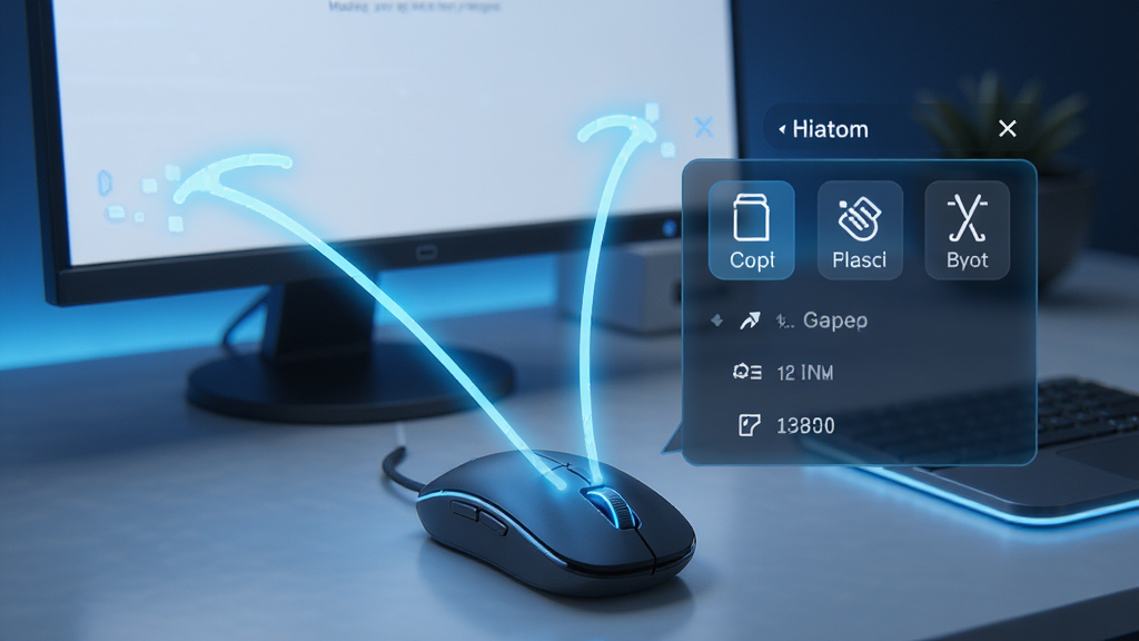 Mouse Extender 手势识别功能示意图,鼠标在屏幕上划出“V”形轨迹,轨迹线条发光显示,旁边弹出快捷操作菜单,包含复制、粘贴、剪切等图标,科技感蓝色调,界面干净清晰,画质高清
