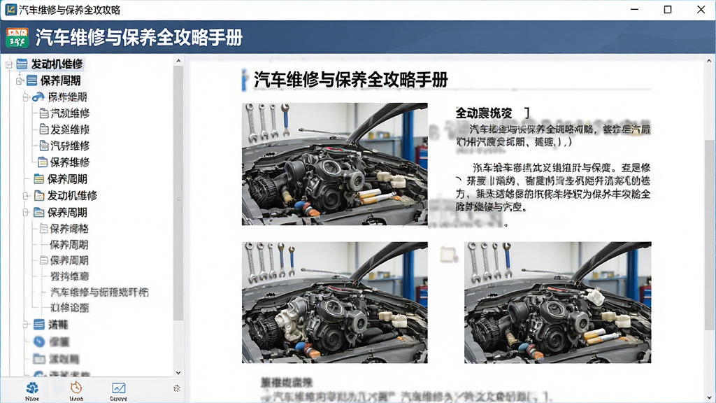 主体为《汽车维修与保养全攻略手册》软件界面截图,左侧目录树显示“发动机维修”“保养周期”等分类,右侧展示图文教程,布局整齐,风格简洁专业,文字清晰,画质精细干净,无多余元素