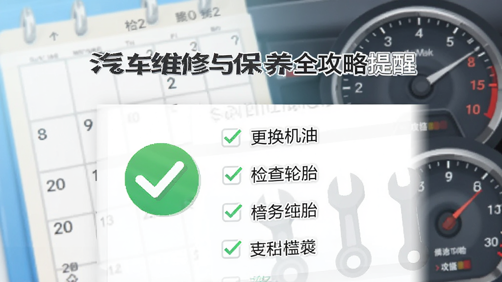 主体为《汽车维修与保养全攻略手册》手机端提醒页面,一个绿色对勾图标旁边列出“更换机油”“检查轮胎”等任务,背景为日历和仪表盘元素,布局明快,风格清新,画质高清干净,无多余元素