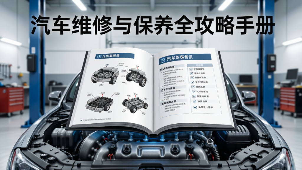 主体为《汽车维修与保养全攻略手册》软件封面,一本打开的电子手册悬浮在汽车引擎上方,页面显示维修图解与保养清单,背景是整洁的维修车间,布局居中,排版清晰,科技感与实用感结合,画质高清干净,无多余元素
