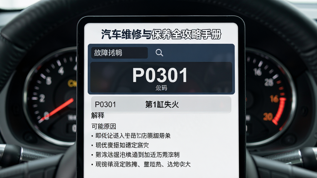 主体为《汽车维修与保养全攻略手册》故障码查询界面,显示P0301代码,下方解释“第1缸失火”,并列出可能原因,背景为车辆仪表盘,布局清晰,风格专业,画质细腻干净,无多余元素