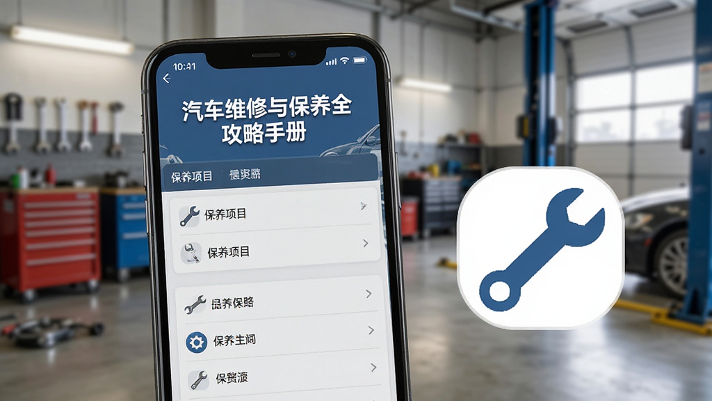 主体为《汽车维修与保养全攻略手册》软件在手机上运行的实拍图,手机屏幕显示保养项目列表,旁边有扳手图标,背景为车库环境,布局自然,风格写实,画质清晰干净,无多余元素