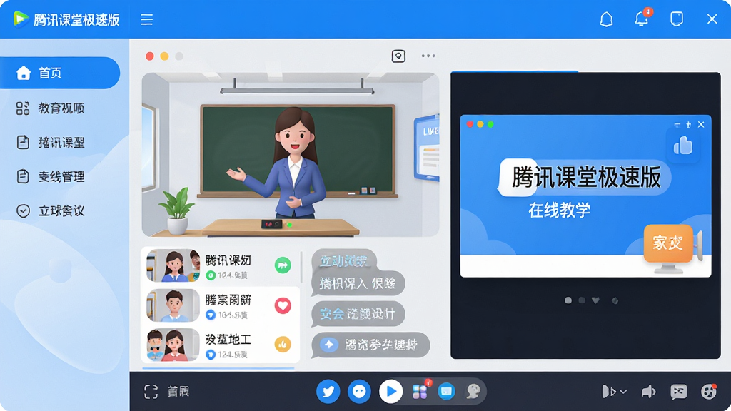 主体:腾讯课堂极速版软件界面展示,画面中央为虚拟教室场景,包含教师直播窗口、学生列表、互动聊天区域。布局:左侧为功能导航栏,右侧为课件展示区,底部为控制工具栏,整体排版清晰。风格:现代扁平化设计,以腾讯蓝为主色调,辅以白色和浅灰色,简洁明快。细节:界面中的文字标注“腾讯课堂极速版”及“在线教学”字样,图标圆润精致。画质:高清渲染,干净无多余元素,呈现专业教育软件质感。