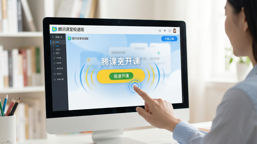 主体:一位教师正在使用腾讯课堂极速版电脑客户端,点击“开始上课”按钮的瞬间。布局:画面突出电脑屏幕中的极速版界面,黄色高亮“极速开课”按钮,周围有动态波纹特效。风格:写实与扁平结合,屏幕内界面清晰可见,背景为明亮的书房环境。细节:屏幕界面显示“腾讯课堂极速版”标识,按钮文字“极速开课”,教师手指悬停准备点击。画质:光线柔和,画面干净无多余元素,突出快捷高效的操作体验。