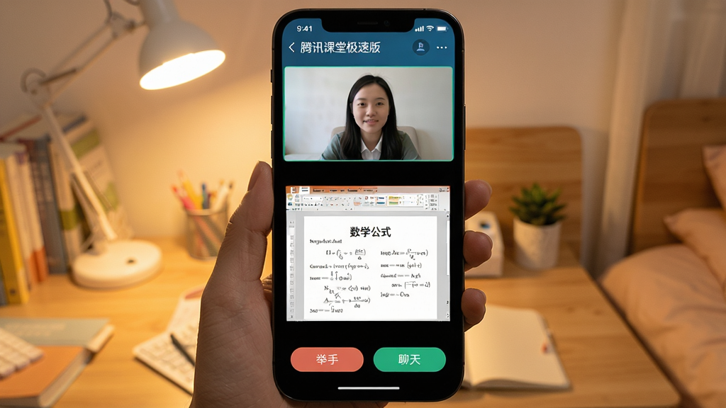 主体:手机屏幕显示腾讯课堂极速版移动端直播界面,学生端正在观看教师共享的PPT课件。布局:屏幕上方为教师小窗摄像头画面,下方为课件区域,底部有“举手”和“聊天”按钮。风格:写实手机界面,背景为温馨的卧室书桌,屏幕内容清晰可见。细节:屏幕中标注“腾讯课堂极速版”字样,课件显示“数学公式”内容,画质明亮干净无多余元素。