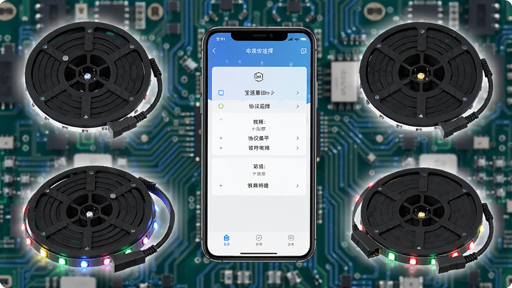 宝莲像素灯连接不同灯带协议的示意图,画面中央是手机App界面显示协议选择菜单,周围环绕多卷不同型号的RGB灯带,背景为电路板纹理,构图清晰,突出软件兼容性,画质干净无多余元素
