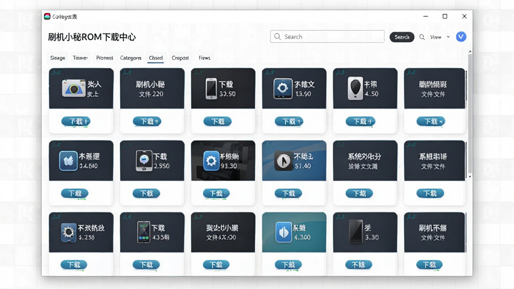 展示“刷机小秘”ROM下载中心页面,屏幕上排列着多个系统版本卡片,每个卡片上有下载按钮和文件大小标注,背景为浅色网格,主体是软件窗口,布局为列表式,排版整齐,风格商务简洁,细节有搜索框和分类标签,画质高,干净,无多余元素