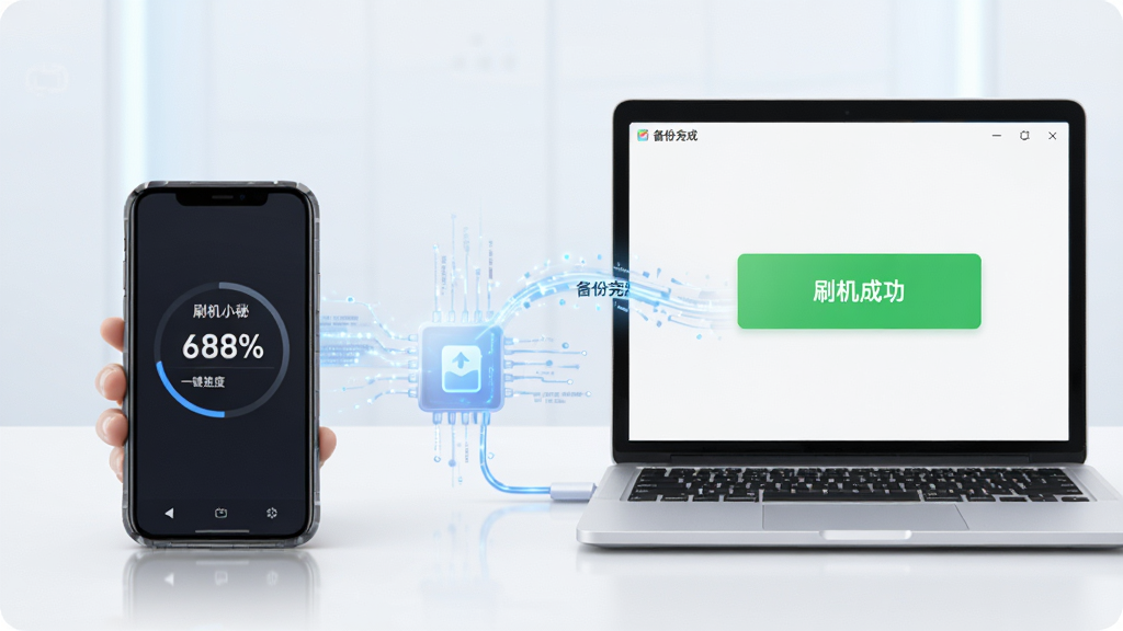 动态效果图,“刷机小秘”正在进行一键刷机,手机屏幕显示刷机进度百分比,电脑软件界面有“备份完成”和“刷机成功”的绿色提示,主体是手机与电脑联动场景,布局左右对称,排版简洁,风格科技感,细节有数据流动线条,画质明亮,干净,无多余元素