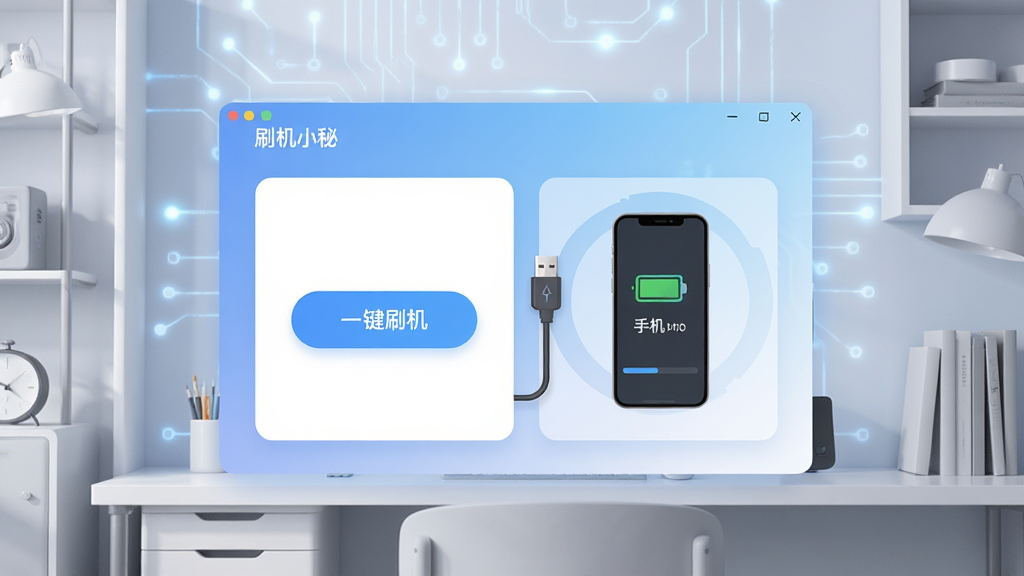 画面主体为“刷机小秘”软件主界面悬浮于现代简约书房场景中,界面清晰展示一键刷机按钮和手机连接状态图,布局居中,背景是柔和的蓝白渐变色科技纹理,排版采用大卡片式设计,细节上呈现USB连接线、手机电量图标和进度条,整体风格扁平化,画质高清,干净,无多余元素