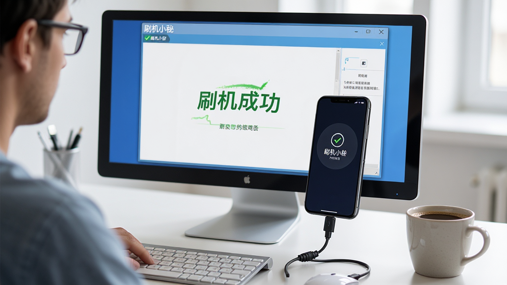 电脑屏幕前,用户正在操作“刷机小秘”软件,软件界面显示“刷机成功”字样,手机屏幕亮起并显示开机界面,旁边放着一杯咖啡,桌面整洁,主体是软件成功界面,布局为半环绕式,排版有文字提示,风格写实,细节有数据线连接,画质清晰,干净,无多余元素