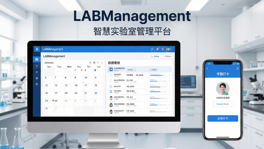 主体:LABManagement软件在电脑与手机上的界面演示,左侧电脑屏幕显示仪器预约与数据看板,右侧手机展示考勤打卡页面。布局:双设备并排,电脑屏幕占三分之二,手机占三分之一,背景为简洁实验室环境。排版:主标题