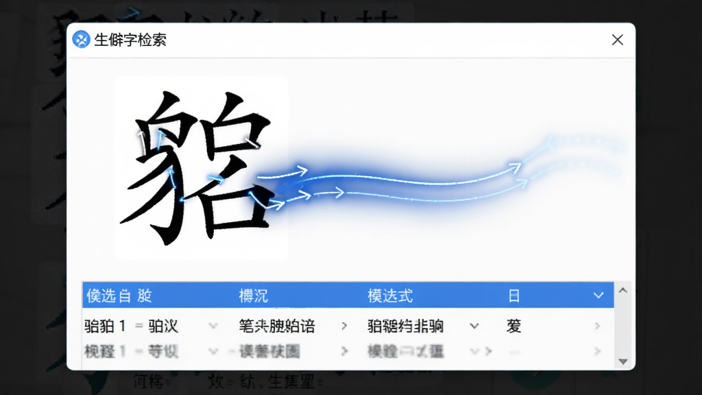 展示一个弹出窗口,窗口标题为“生僻字检索”,窗口内展示了一个复杂汉字“”的笔画输入过程,笔画轨迹以动态线显示,底部有候选字列表,整体界面为白色背景配蓝色高亮,风格简约专业,画质细腻,无多余元素。