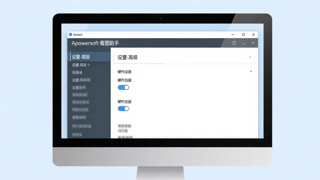 主体:一台电脑上运行Apowersoft看图助手,显示设置界面,布局:电脑居中,屏幕中可见“硬件加速”开关,排版:简洁明亮,背景为淡蓝色,风格:现代扁平,细节:屏幕中显示“设置-高级”选项,画质:干净,无多余元素