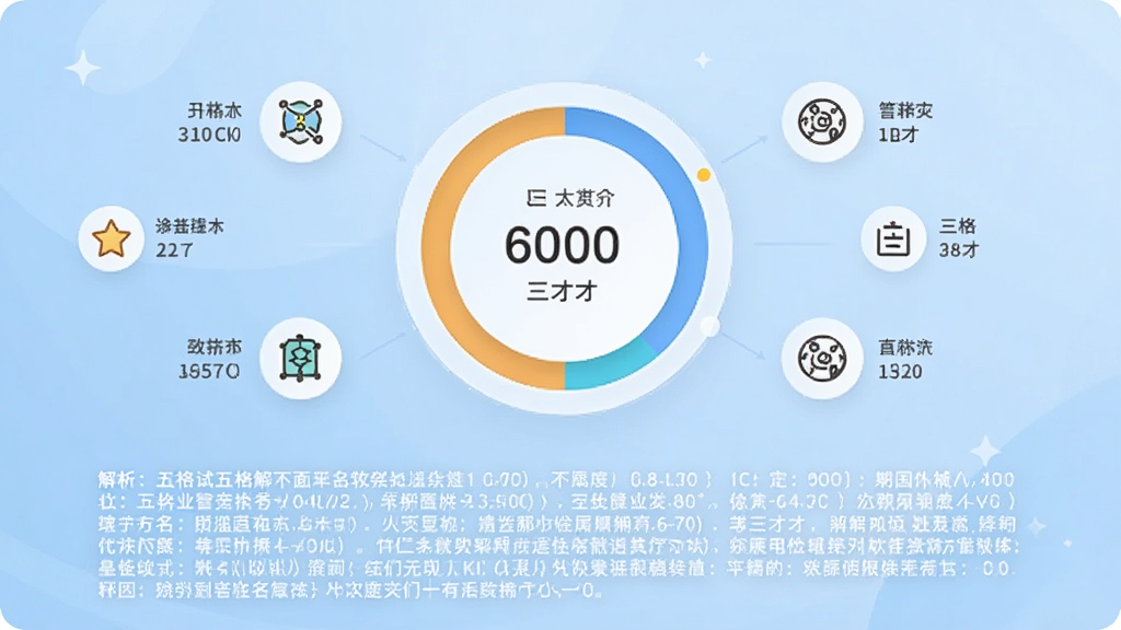 姓名测试打分软件中姓名评分结果页面的预览图,页面中央是一个大圆环分数图,周围散布着五行、三才、五格等小图标,每个图标旁有数值,下方有详细的文字解析,背景为淡蓝色渐变,整体风格现代简洁,画质干净。