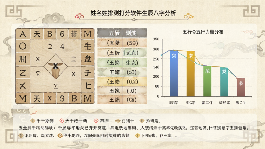 姓名测试打分软件生辰八字分析页面,展示天干地支、五行生克关系的表格,左侧是八字排盘,右侧是五行力量分布柱状图,下方有文字解读,背景为浅米色古风纸纹,画面干净,文字清晰。