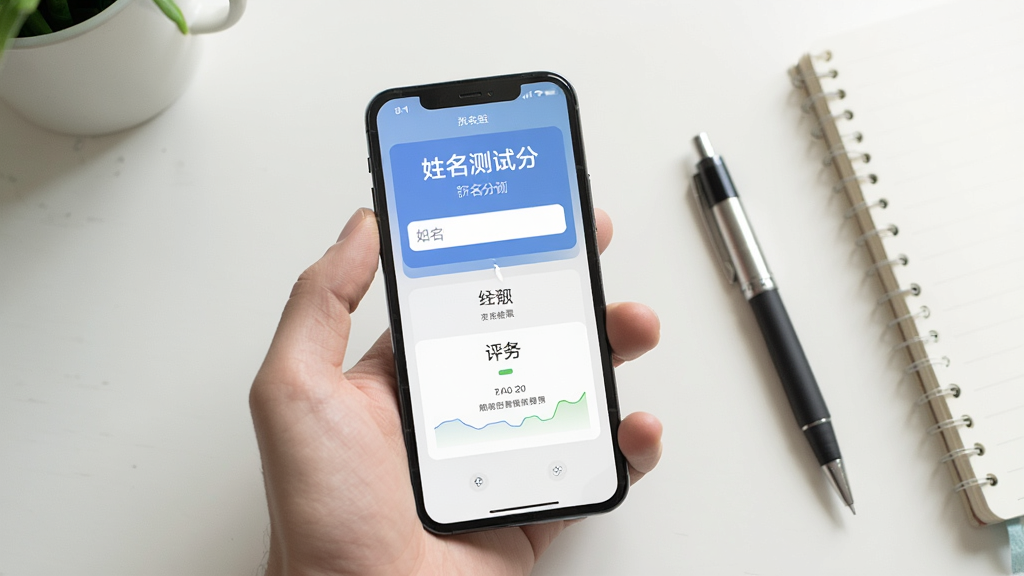 一张展示姓名测试打分软件在手机上运行的照片,手机屏幕显示姓名输入界面与评分结果,背景为简洁的书桌,旁边放有笔和笔记本,画质干净,光线柔和。