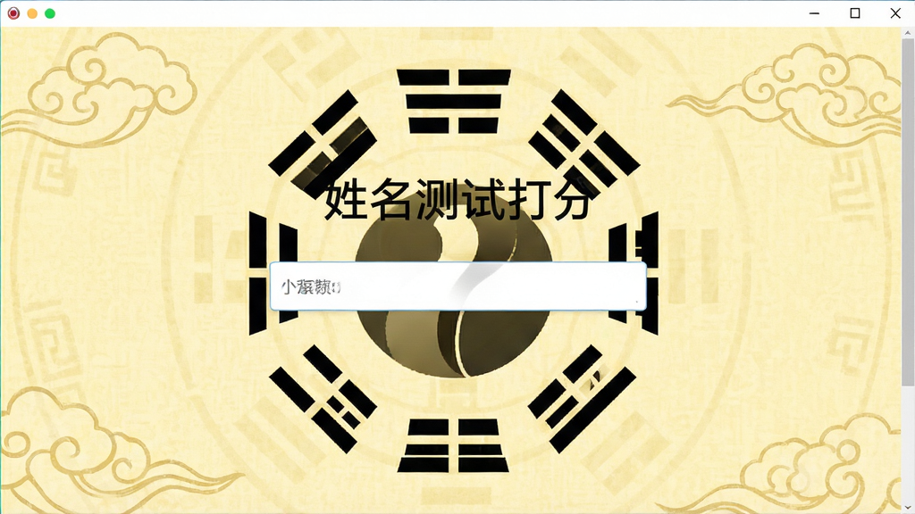 一张展示姓名测试打分软件主界面的高清截图,界面中央有一个输入框,上方有“姓名测试打分”字样,背景采用淡黄色古风纹理,搭配八卦与祥云图案,整体风格简洁明亮,画面干净,无多余元素,画质清晰。
