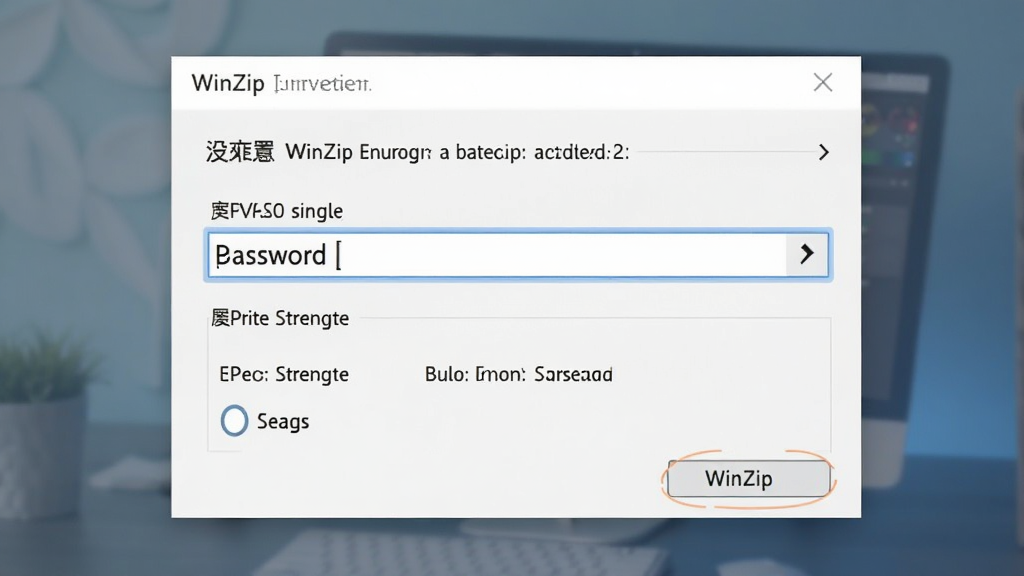 WinZip加密设置界面,突出密码输入框与加密强度选项,背景柔和,界面友好,文字标注清晰,画质干净
