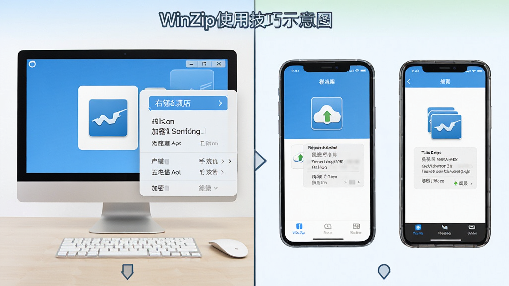 WinZip使用技巧示意图,展示右键菜单压缩、加密选项及移动端解压操作,画面分屏展示电脑与手机界面,风格明亮清晰,细节丰富,干净整洁