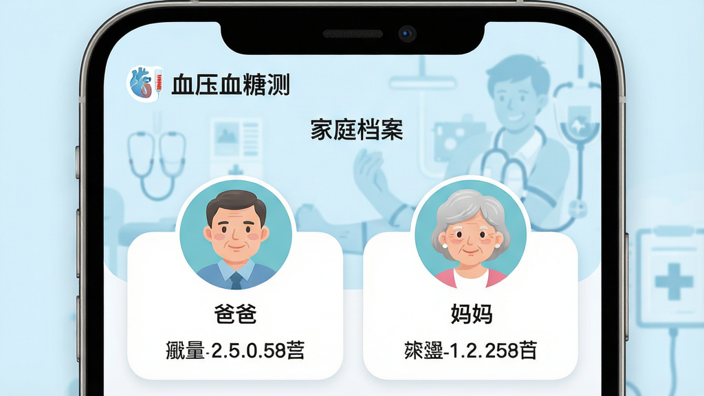 一张展示手机应用内健康档案列表的界面截图,顶部有“血压血糖测”的logo与“家庭档案”标题,下方并列显示两个圆形头像,分别标注“爸爸”与“妈妈”,每个头像下方有最近一次测量数值摘要,背景为淡蓝色医疗插画风格,卡片圆润,画面干净整洁,高清渲染,细节丰富,无多余元素