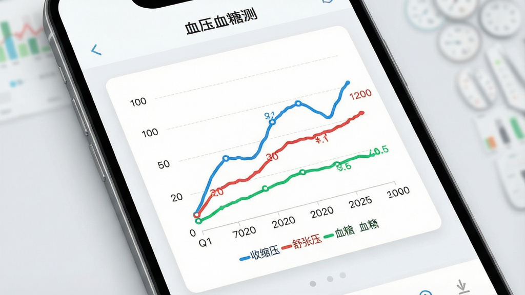 一张展示手机应用内折线统计图表的界面图,图表横轴为日期,纵轴为数值,蓝色线条代表收缩压,红色线条代表舒张压,绿色线条代表血糖,图表下方有图例说明,背景为白色卡片与浅灰底色,界面顶部有“血压血糖测”字样,整体风格简洁专业,高清渲染,干净,无多余元素
