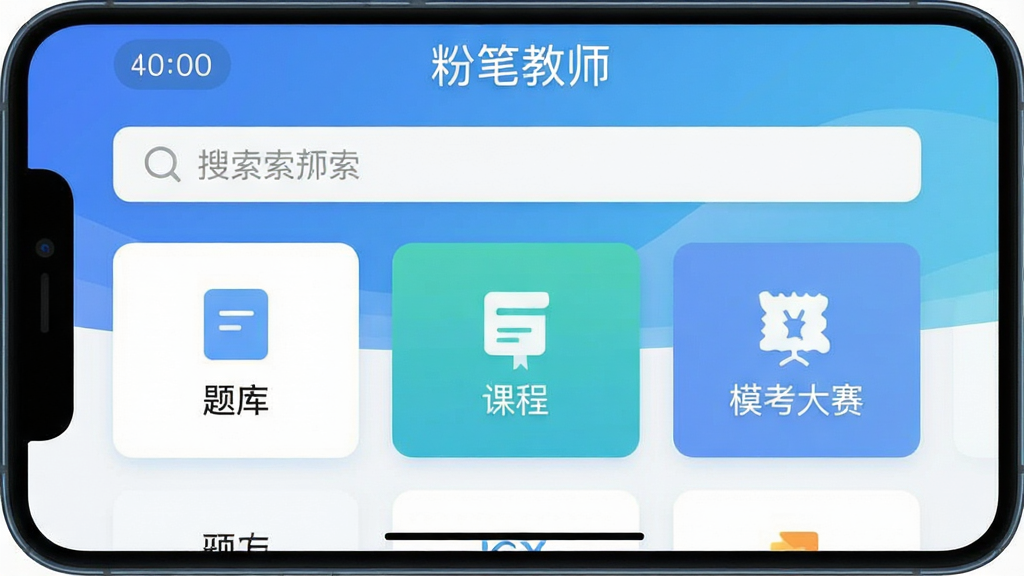 一张展示粉笔教师软件主界面的高清截图,主体为手机屏幕内的应用界面,上方显示“粉笔教师”字样和搜索栏,中间区域以卡片形式排列着“题库”、“课程”、“模考大赛”等核心功能入口,背景为清新的蓝白渐变色,整体采用扁平化设计风格,细节清晰,画质干净,无多余元素,文字内容需清晰可读