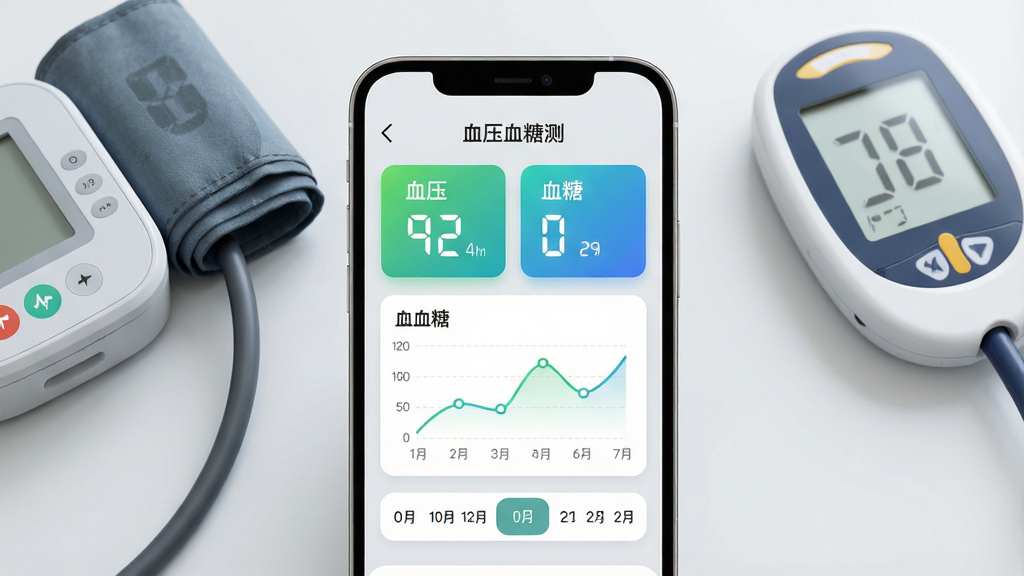 一张展示智能手机竖屏界面的高清产品预览图,屏幕中央显示“血压血糖测”软件主界面,界面顶部有绿色与蓝色渐变的健康数据卡片,分别标注“血压”与“血糖”,下方有折线趋势图与日期选择栏,背景为浅灰色医疗风格,画面干净明亮,手机周围放置一个电子血压计与血糖仪,整体布局简洁,细节丰富,高清渲染,干净,无多余元素