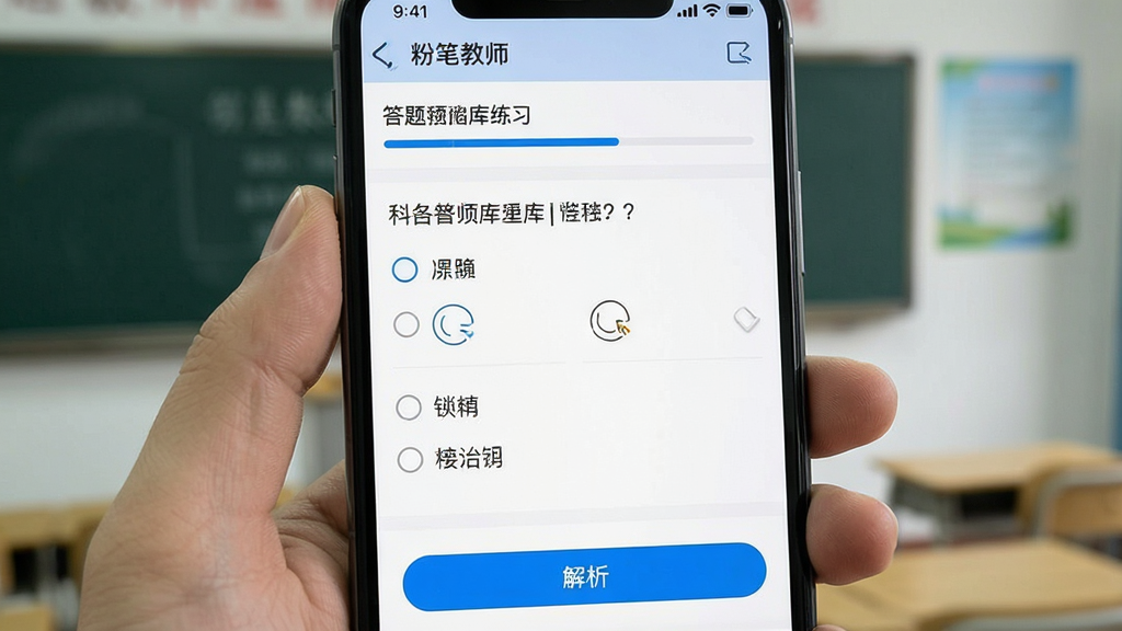 一张展示粉笔教师题库练习界面的高清截图,主体为手机屏幕内的答题页面,上方显示科目名称与答题进度条,中间区域呈现一道选择题及四个选项,下方有“解析”按钮,界面配色以白色和蓝色为主,简洁清爽,字体清晰,画质干净,无多余元素,图片中需显示“粉笔教师”字样