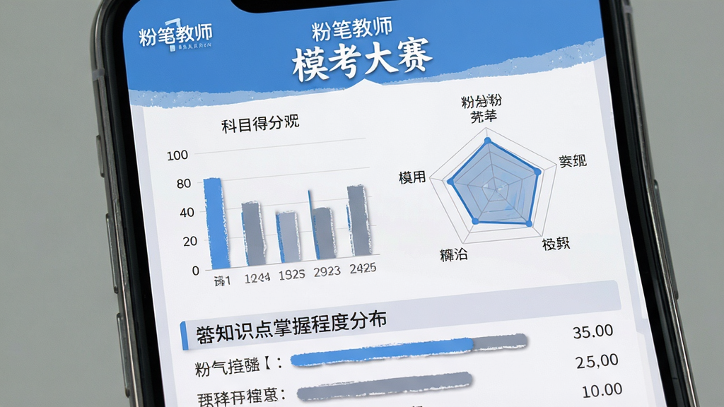 一张展示粉笔教师模考大赛成绩报告界面的高清截图,主体为手机屏幕内的数据报告页面,上方有“模考大赛”标题,中间以柱状图和雷达图展示各科目得分情况,下方列出知识点掌握程度分布,整体风格专业清晰,以蓝色与灰色为主色调,画质干净,无多余元素,图片中需包含“粉笔教师”字样