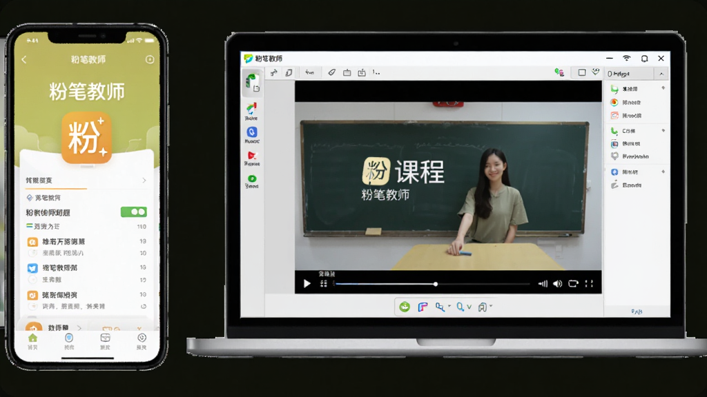 一张展示粉笔教师App在手机和电脑模拟器上同时运行的对比场景图,左侧是一部智能手机,屏幕中显示粉笔教师刷题界面,右侧是一台笔记本电脑,屏幕中显示安卓模拟器运行粉笔教师课程播放画面,整体构图清晰,光线明亮,体现多设备学习的便捷性,画质干净,无多余元素,图片中需有“粉笔教师”字样