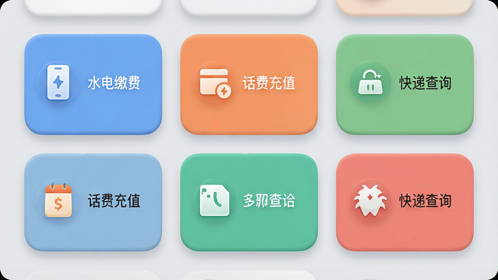 爱帮米应用功能聚合界面截图,展示水电缴费、话费充值、快递查询等多个功能卡片,卡片以网格形式排列,每张卡片配有简洁的图标和文字标签,整体采用柔和的圆角设计,背景为浅灰色,突出卡片的立体感,色彩搭配舒适,画面干净整洁,画质清晰,无多余元素。