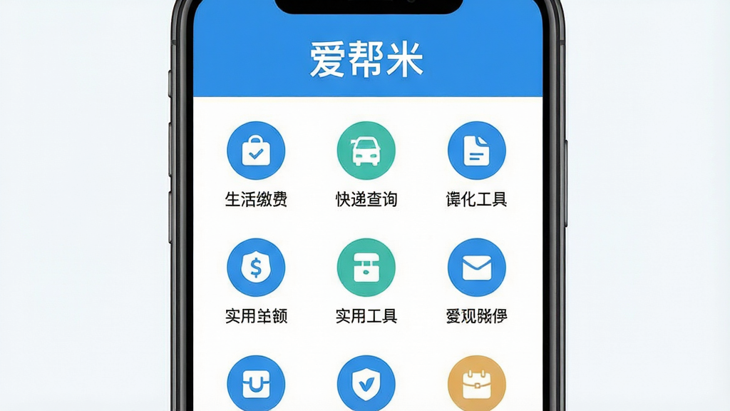 一张展示爱帮米应用全貌的预览图,采用现代扁平化设计风格,主色调为清新的蓝色与白色,界面布局清晰,顶部显示“爱帮米”字样,下方整齐排列着各类功能图标,如生活缴费、快递查询、实用工具等,整体画面干净明亮,突出软件的便捷性与实用性,画质高清,无多余元素。