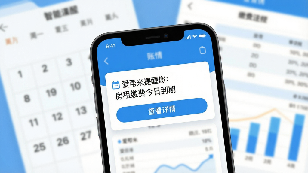 爱帮米智能提醒功能演示图,手机屏幕上显示一条即将到来的账单提醒通知,背景为模糊处理的日历和账单图表,通知卡片上显示“爱帮米提醒您:房租缴费今日到期”,并配有“查看详情”按钮,界面风格简洁明了,色彩以蓝色和白色为主,营造出可靠、安心的氛围,画质高清,无多余元素。