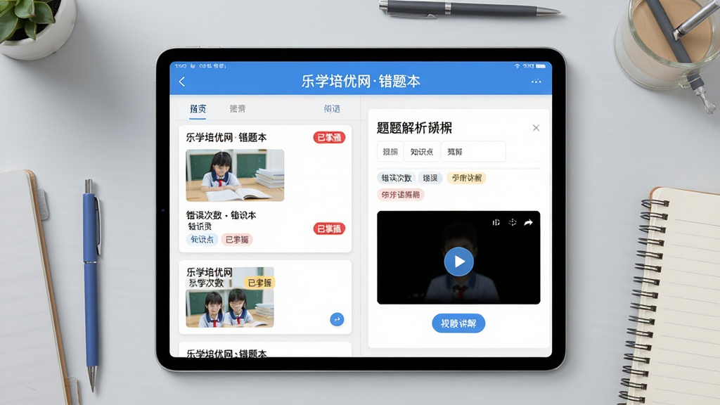 主体:乐学培优网App错题本功能预览,画面展示一个平板电脑屏幕,左侧为错题列表,右侧为题目解析详情。布局:平板居中放置,背景为浅灰色桌面,周围摆放文具和笔记本。排版:错题卡片包含题目截图、错误次数、知识点标签,解析区有视频讲解按钮。风格:简洁实用,教育学习氛围浓厚。细节:屏幕顶部显示