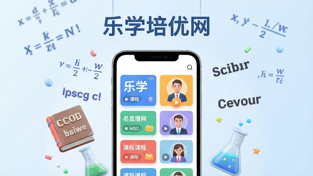 主体:乐学培优网App界面演示场景,画面中央一部智能手机屏幕显示课程列表与名师直播间,手机周围漂浮数学公式、英语单词书、化学烧杯等学习元素。布局:手机居中,四周留白,背景为浅蓝色渐变,上方悬浮